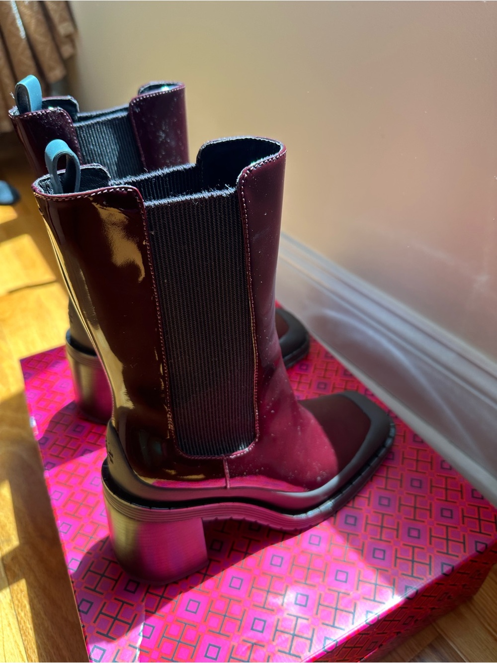 Tory Burch Burgundy Patent Leather Block Heel Chelsea Boots